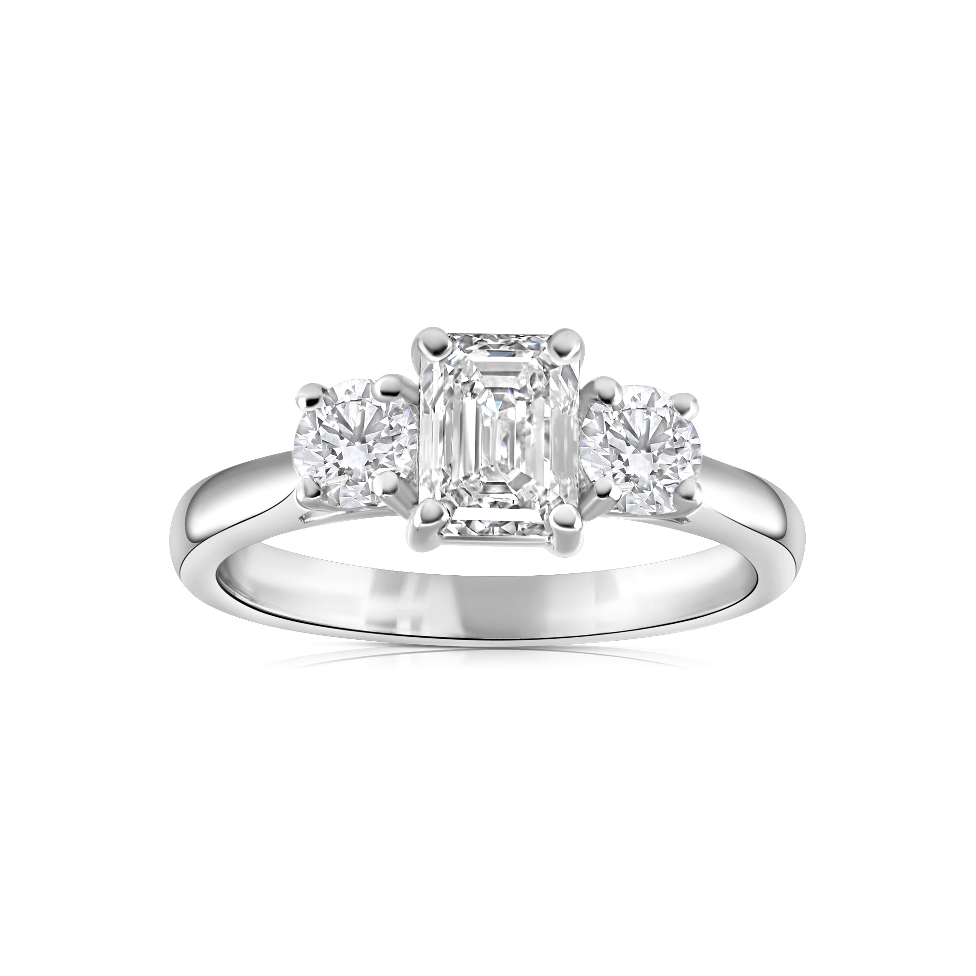 1.41ct emerald cut & round brilliant diamond trilogy engagement ring, platinum, F colour, VS1-2 clarity, GIA certified