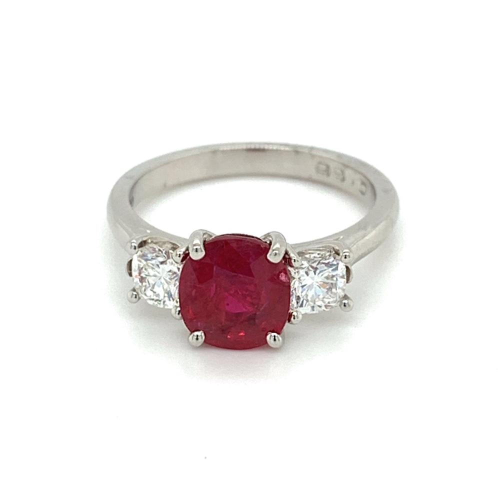 2.67ct ruby & diamond trilogy engagement ring, platinum, G/H colour, SI clarity