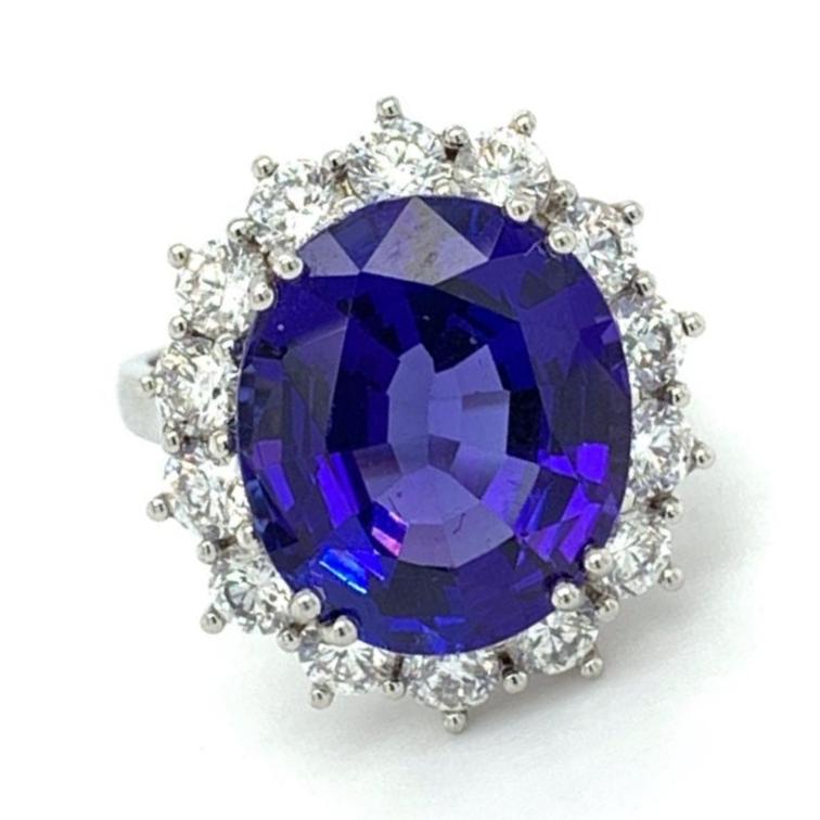 11.66ct tanzanite & diamond cocktail ring, platinum halo, G/H colour, SI clarity