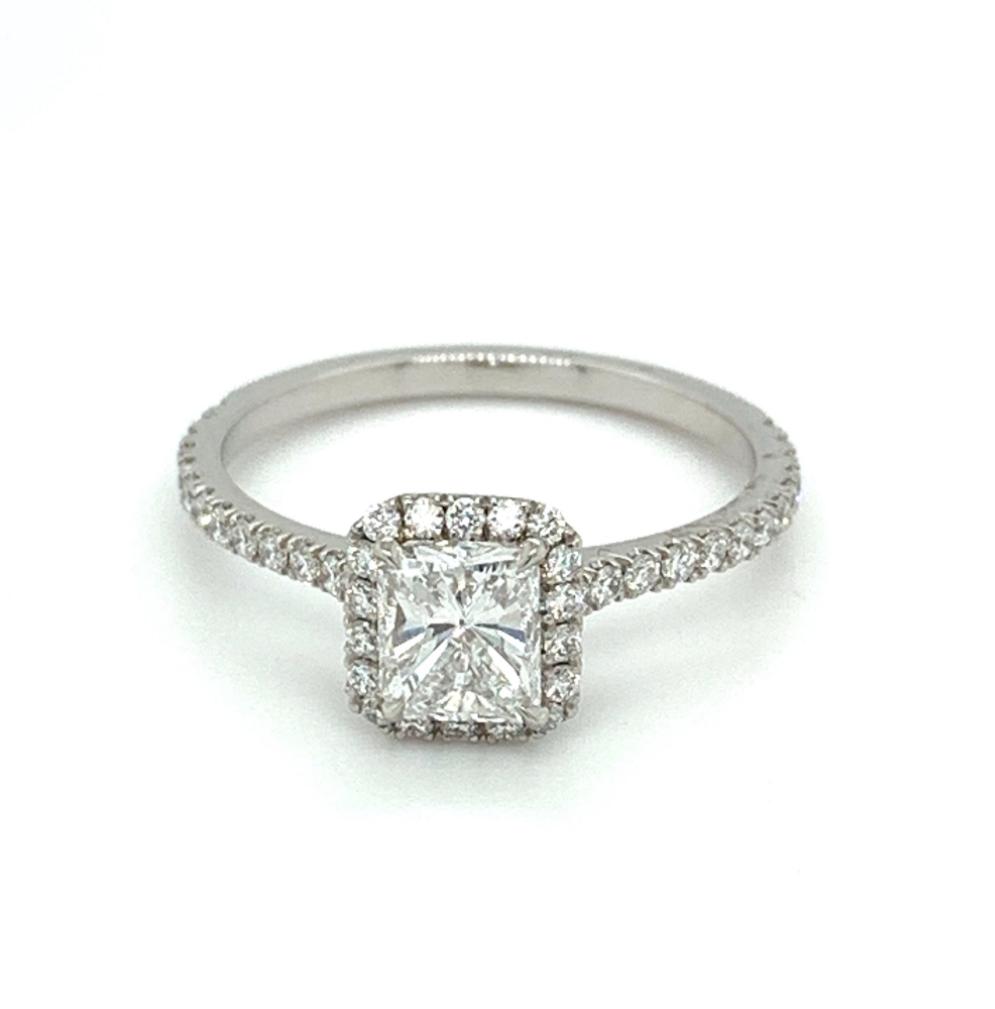 1.18ct radiant cut diamond engagement ring, platinum halo, E colour, VS1 clarity, GIA certified
