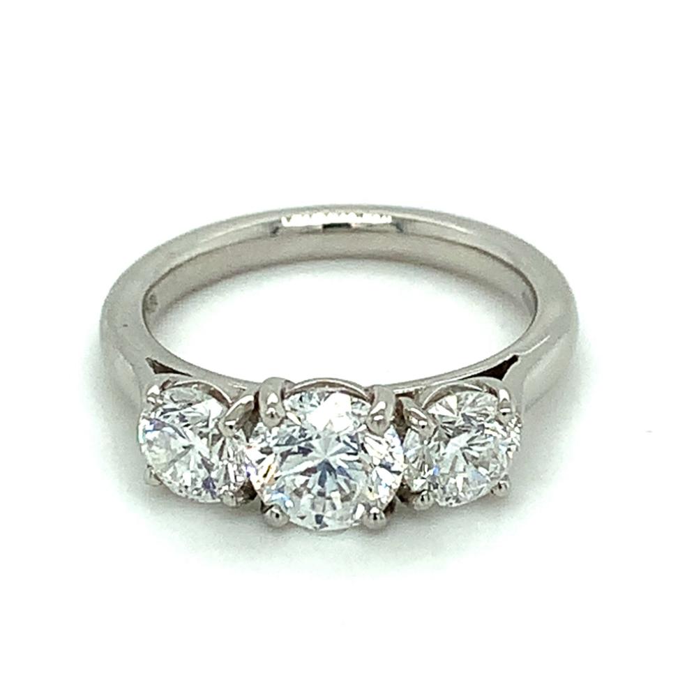 2.11ct premier round brilliant cut diamond trilogy engagement ring, platinum, D colour, VS1-2 clarity, IGI certified