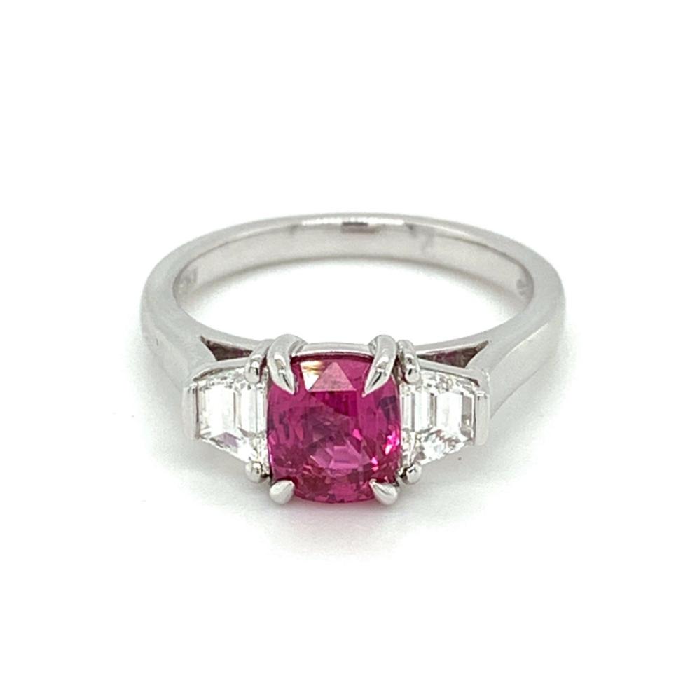 2.28ct ruby & diamond trilogy engagement ring, platinum, G/H colour, SI clarity