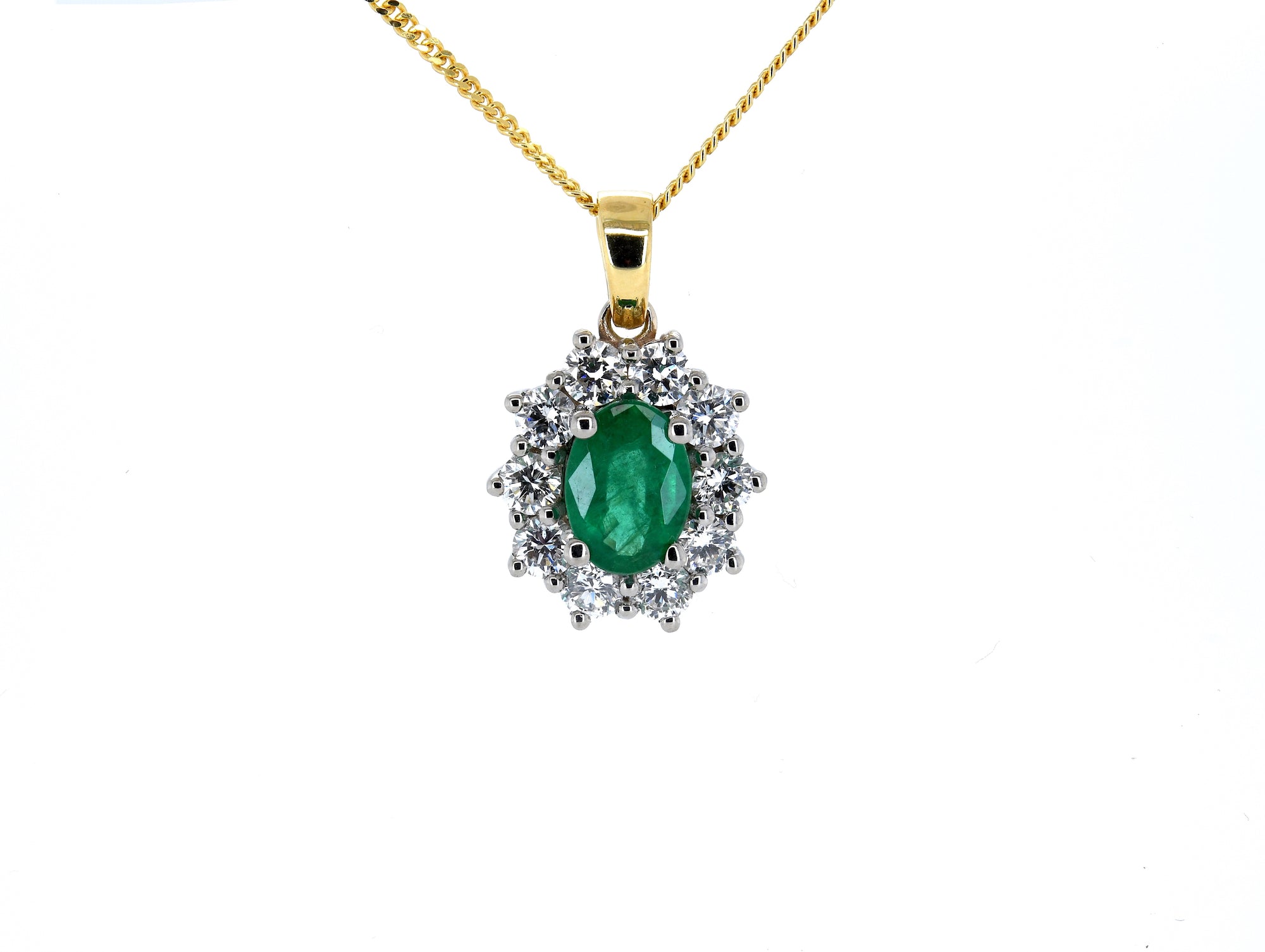 1.30ct emerald & diamond cluster necklace set in 18ct yellow & white gold
