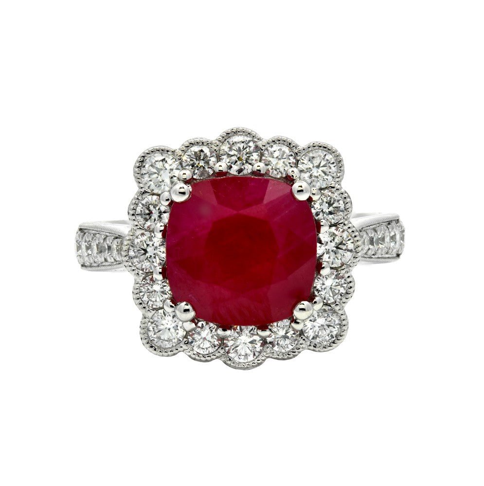 4.07ct ruby & diamond ring set in a platinum halo