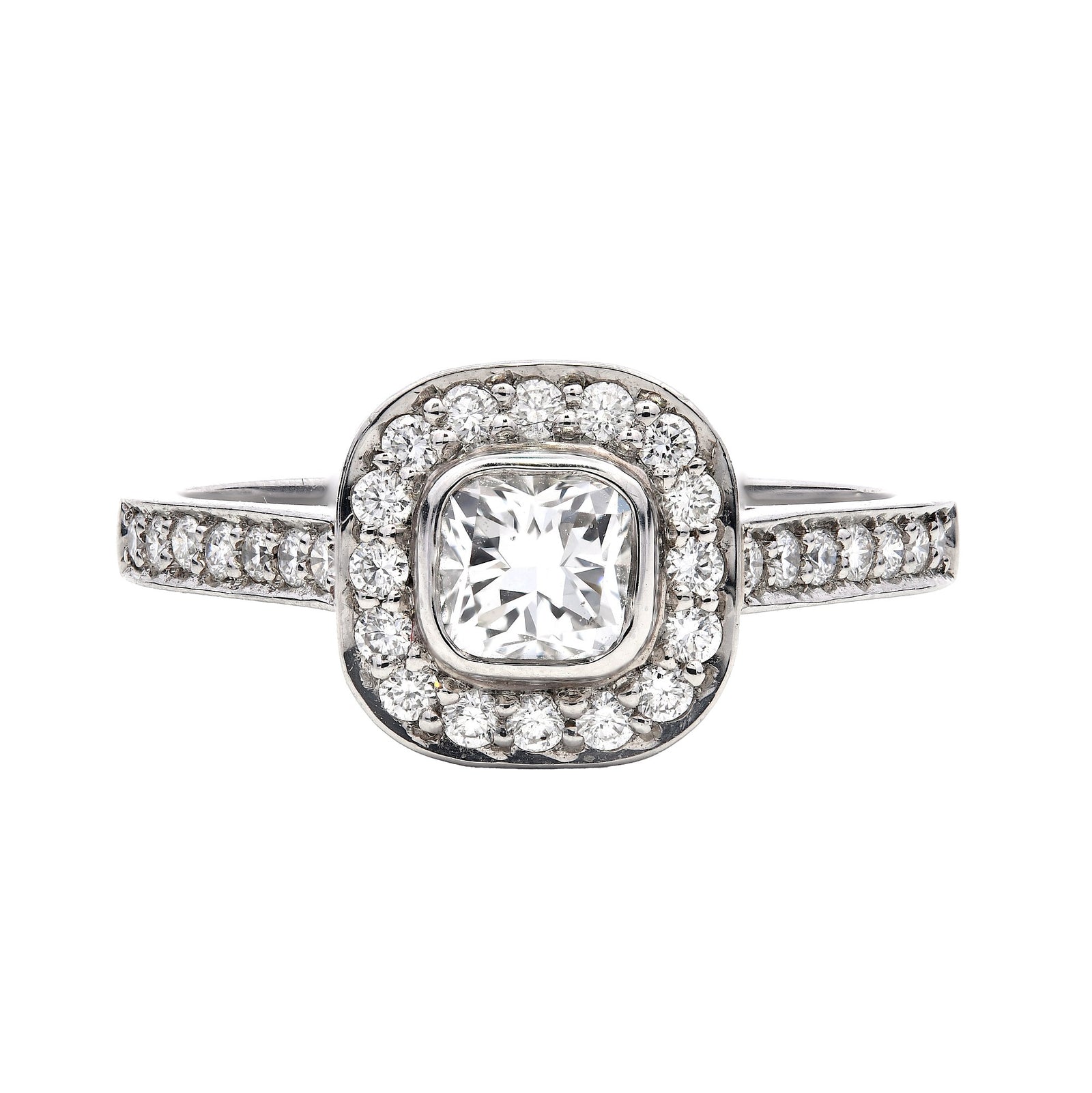 0.63ct natural diamond engagement ring, cushion cut, E colour, VS2 clarity, GIA certified. Platinum
