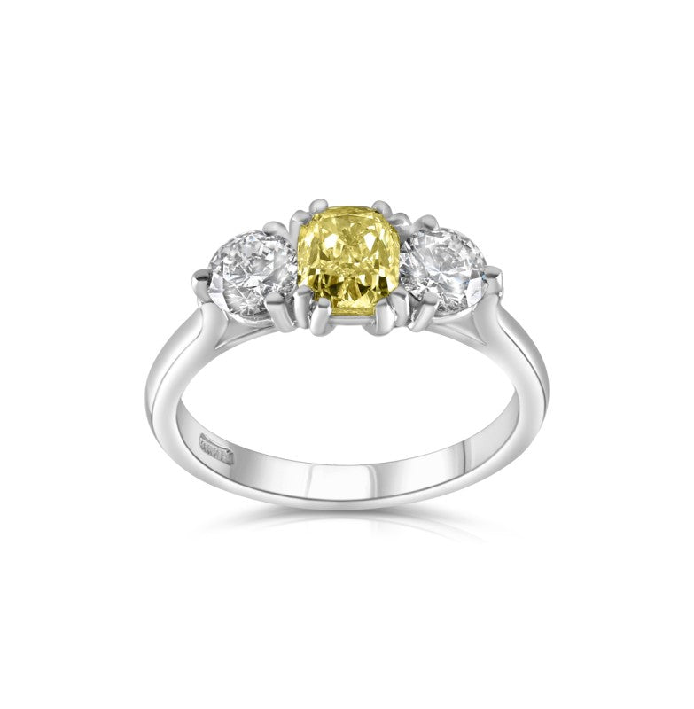 1.81ct cushion cut diamond trilogy engagement ring, platinum, fancy intense yellow colour, SI1 clarity, GIA certified