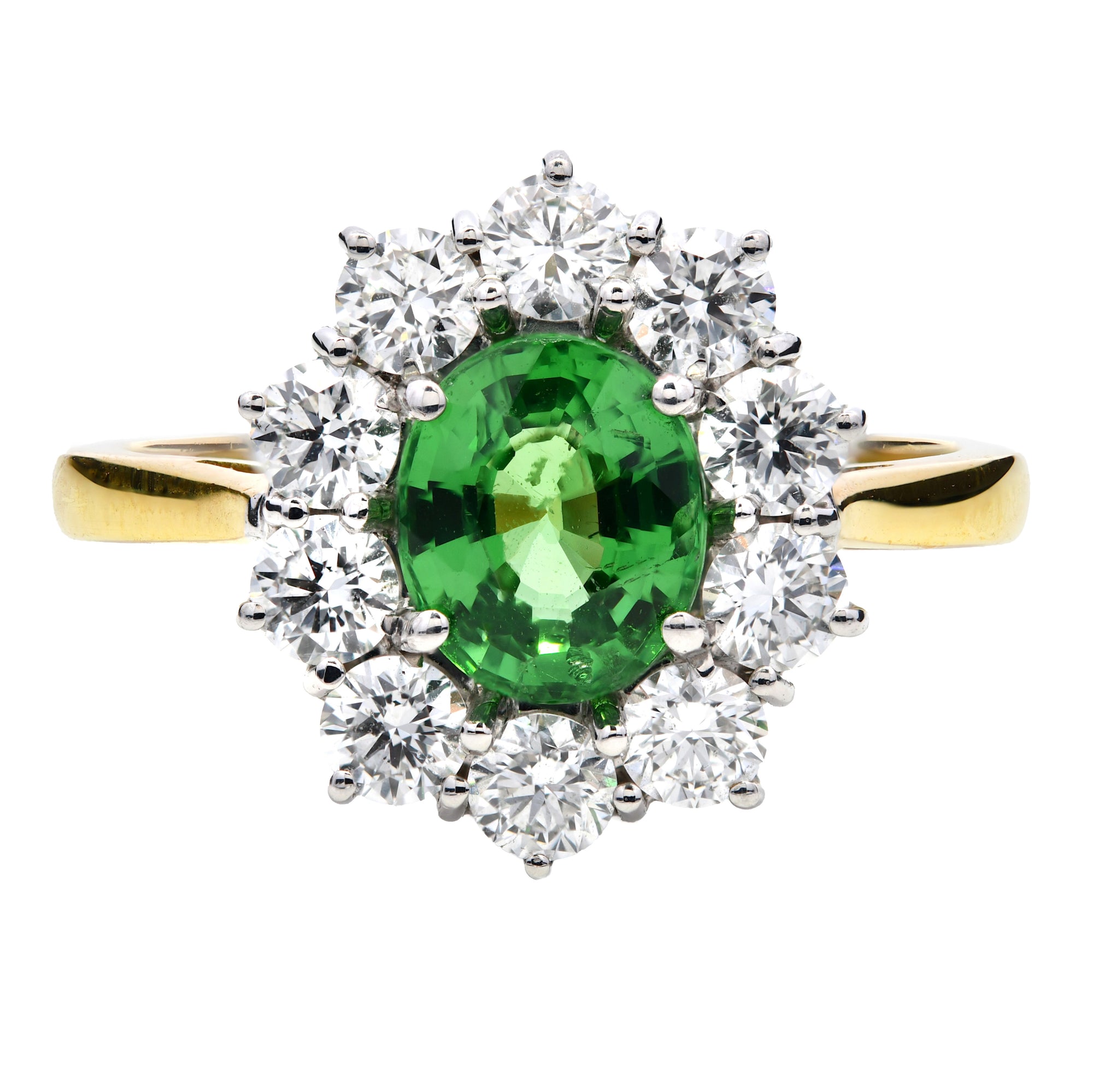 2.20ct oval cut tsavorite & diamond engagement ring set in 18ct yellow & white gold. WGI Certified