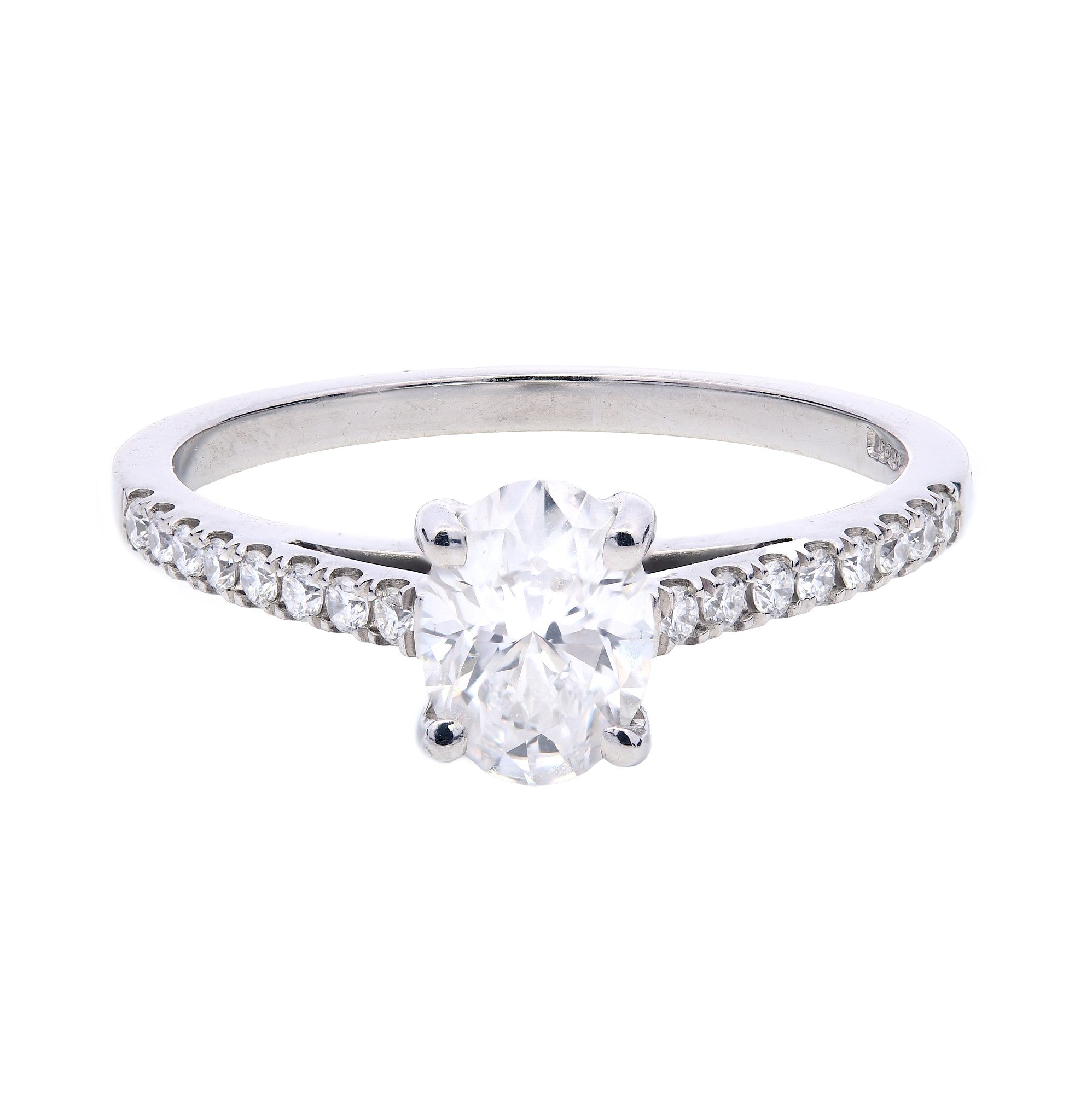 0.86ct oval cut diamond engagement ring, platinum, E colour, VS2 clarity, GIA certified