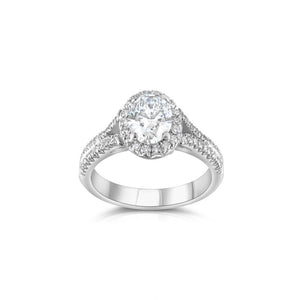 1.32ct oval diamond engagement ring, platinum halo, E colour, SI1 clarity, GIA certified