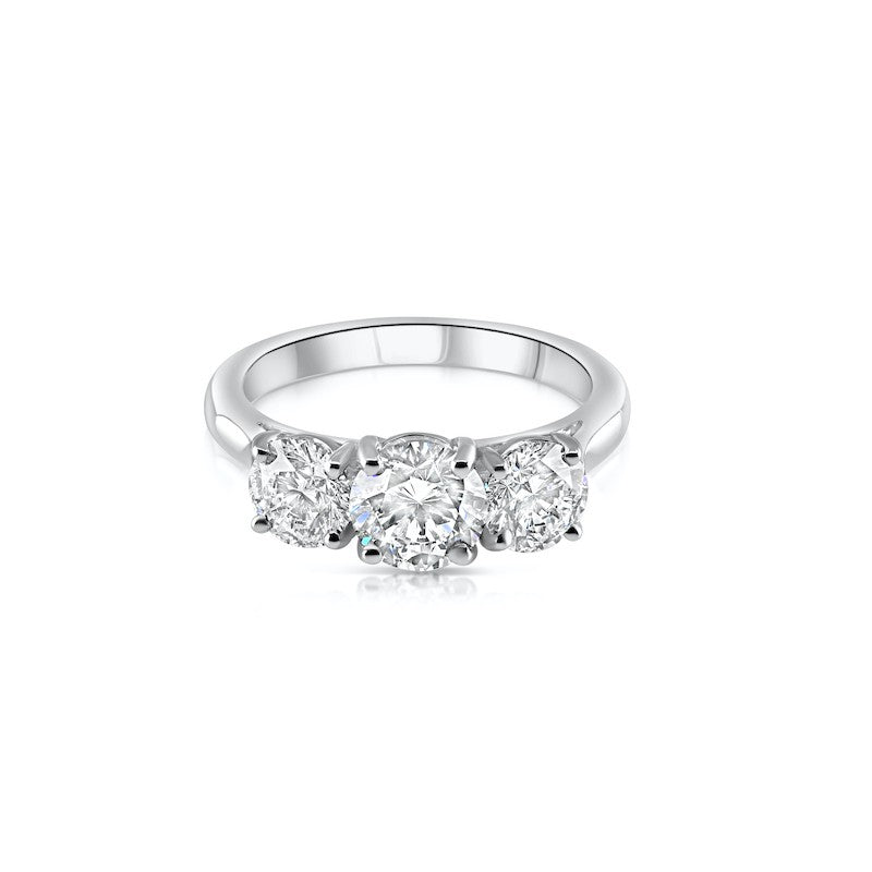 2.20ct round brilliant cut diamond trilogy engagement ring, platinum, H colour, VS-SI clarity, IGI certified