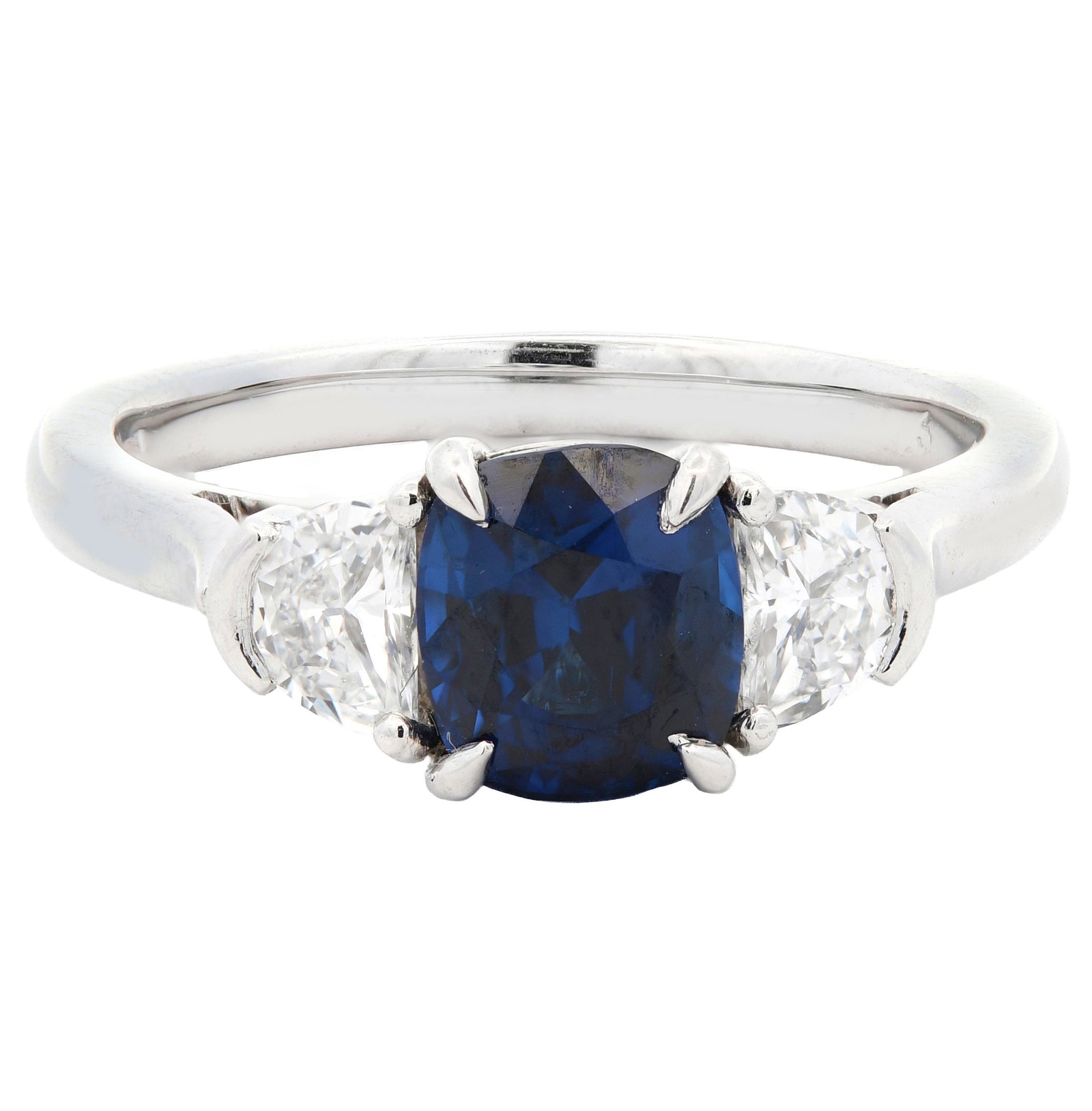 2.13ct blue sapphire & natural diamond trilogy ring, cushion cut, platinum. WGI certified