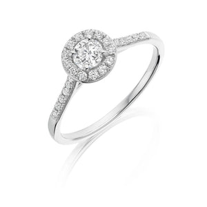 0.52ct round brilliant diamond engagement ring set in a platinum halo, G/H colour, SI clarity