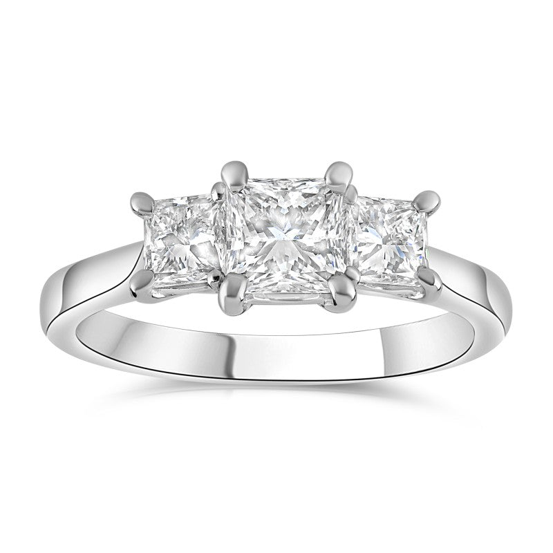 1.23ct natural diamond trilogy engagement ring, princess cut, G colour, SI1 clarity, GIA certified. Platinum