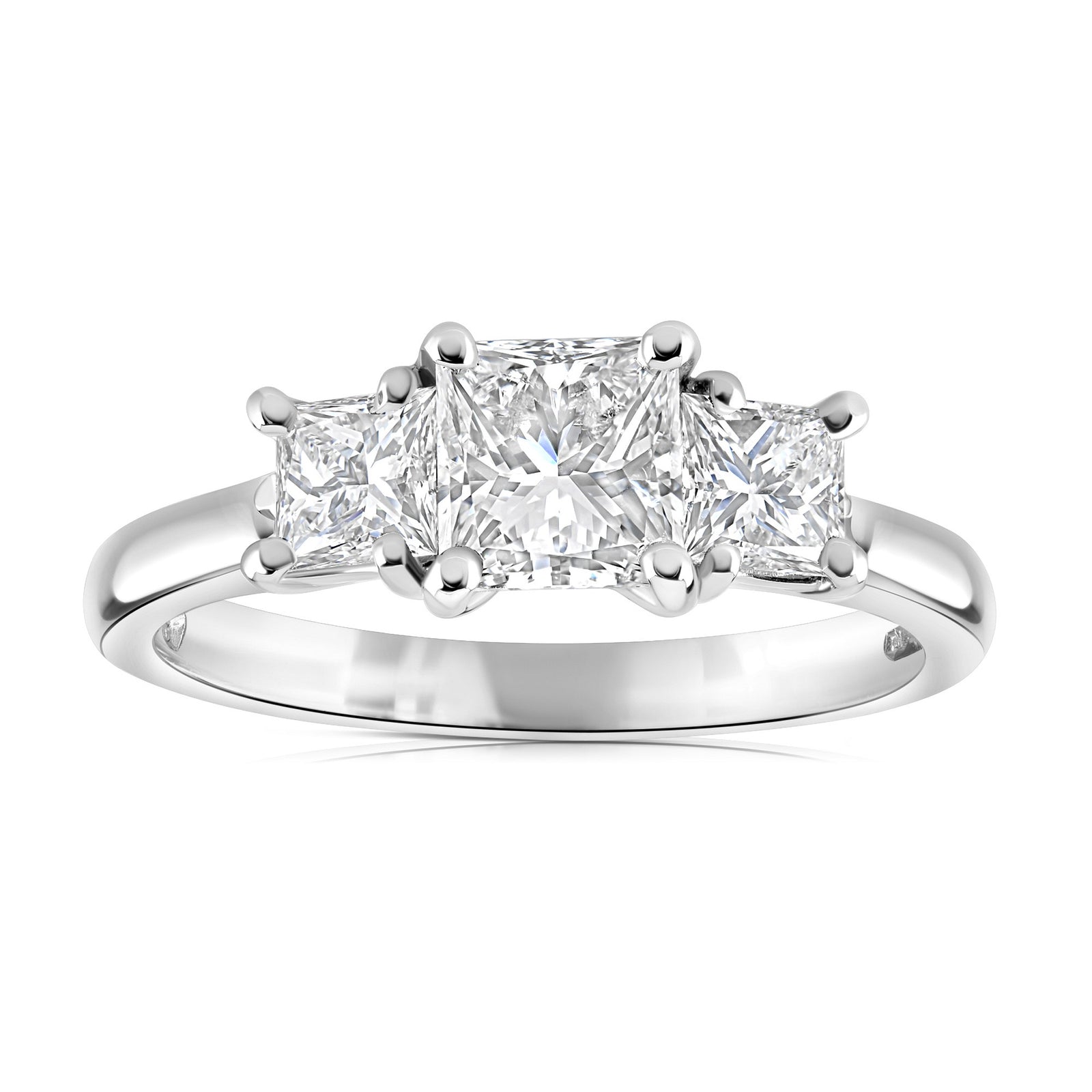 1.23ct natural diamond trilogy engagement ring, princess cut, D colour, VS1-2 clarity, GIA certified. Platinum