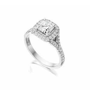 0.91ct cushion cut diamond engagement ring, platinum halo, G colour, VS2 clarity, GIA certified