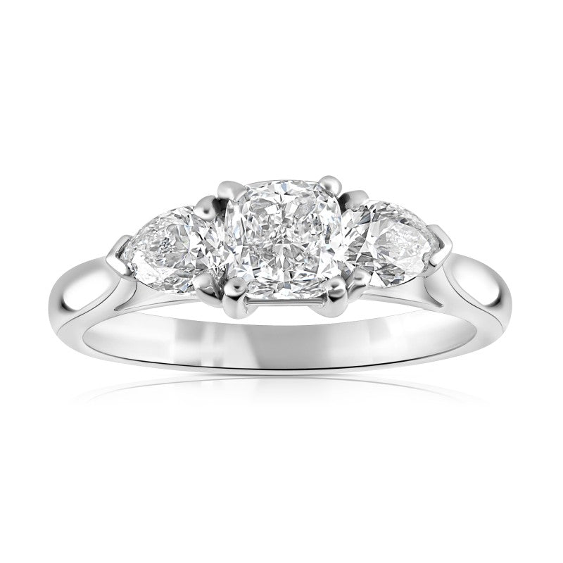 SOLD - 1.31ct natural diamond trilogy engagement ring, cushion & pear cut, E colour, SI1 clarity, GIA certified. Platinum