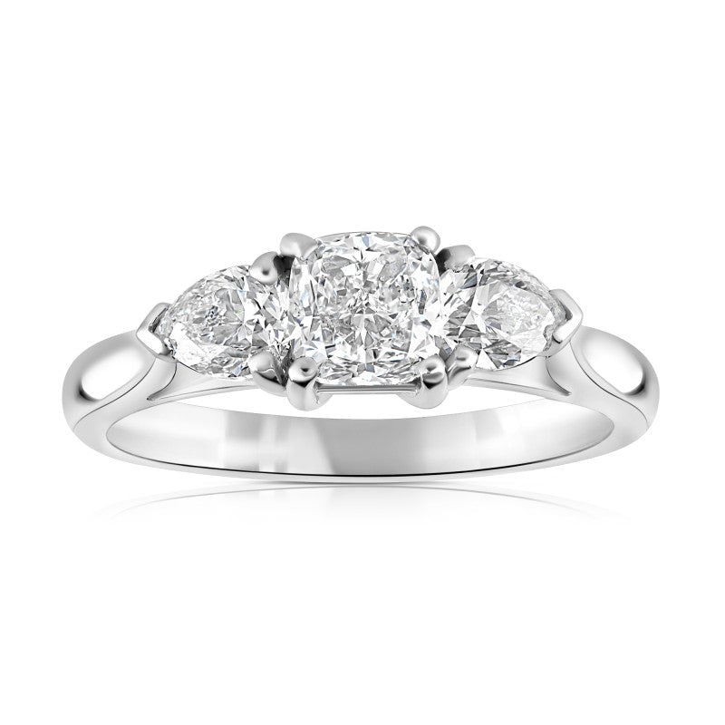 1.31ct cushion & pear shaped diamond trilogy engagement ring, platinum, E colour, SI1 clarity, GIA certified