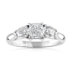1.31ct cushion & pear shaped diamond trilogy engagement ring, platinum, E colour, SI1 clarity, GIA certified