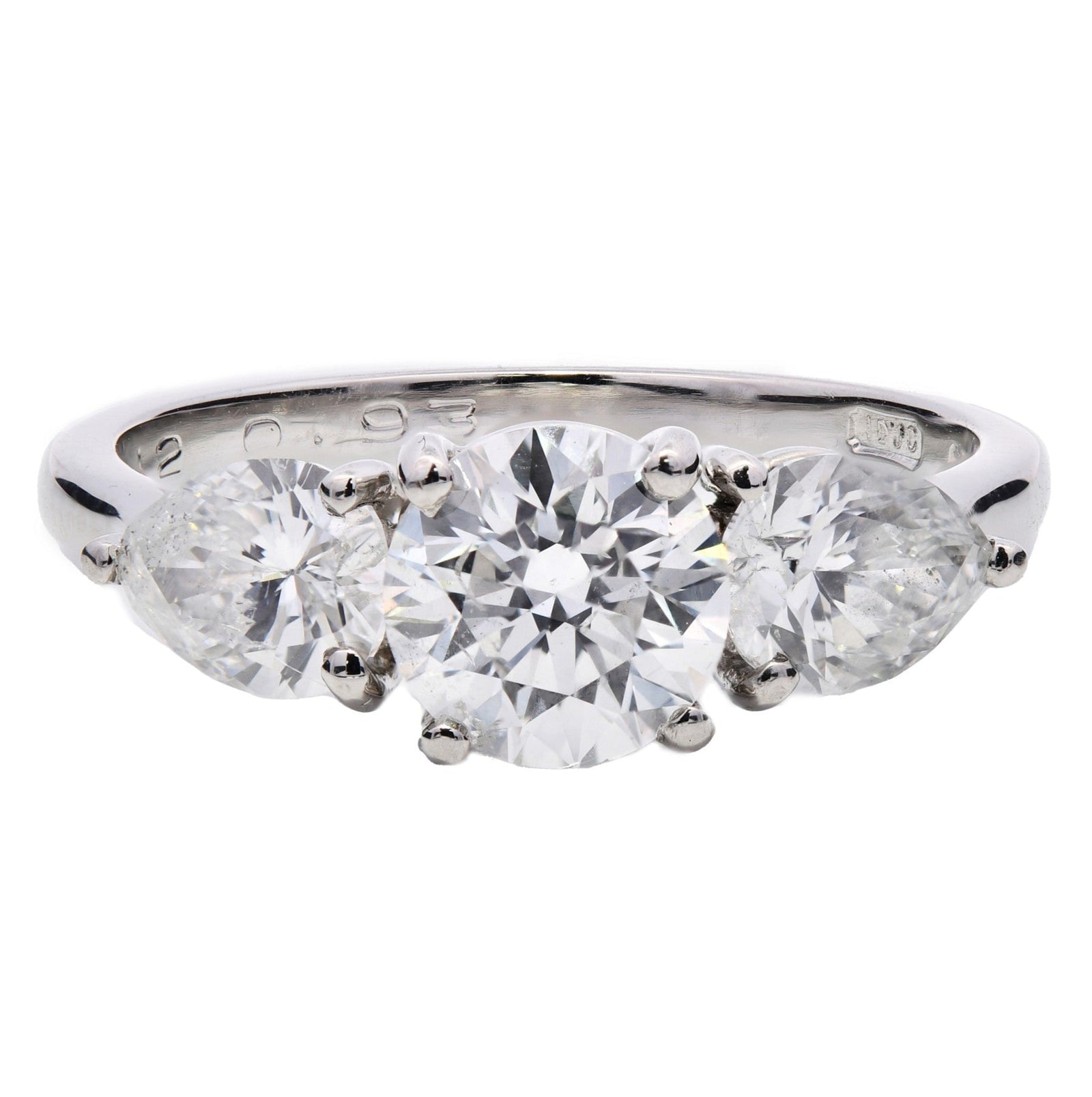 SOLD - 1.94ct natural diamond trilogy engagement ring, round brilliant & pear cut, E colour, SI2 clarity, GIA certified. Platinum