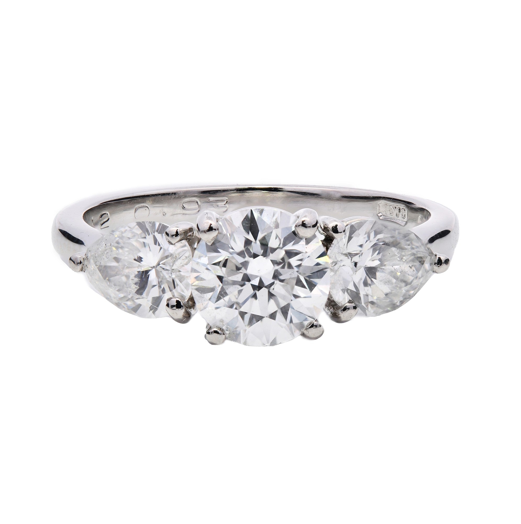 1.94ct round brilliant cut diamond trilogy engagement ring, platinum, E colour, SI2 clarity, GIA certified