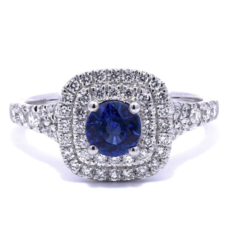 1.01ct blue sapphire & diamond engagement ring set in a platinum double halo