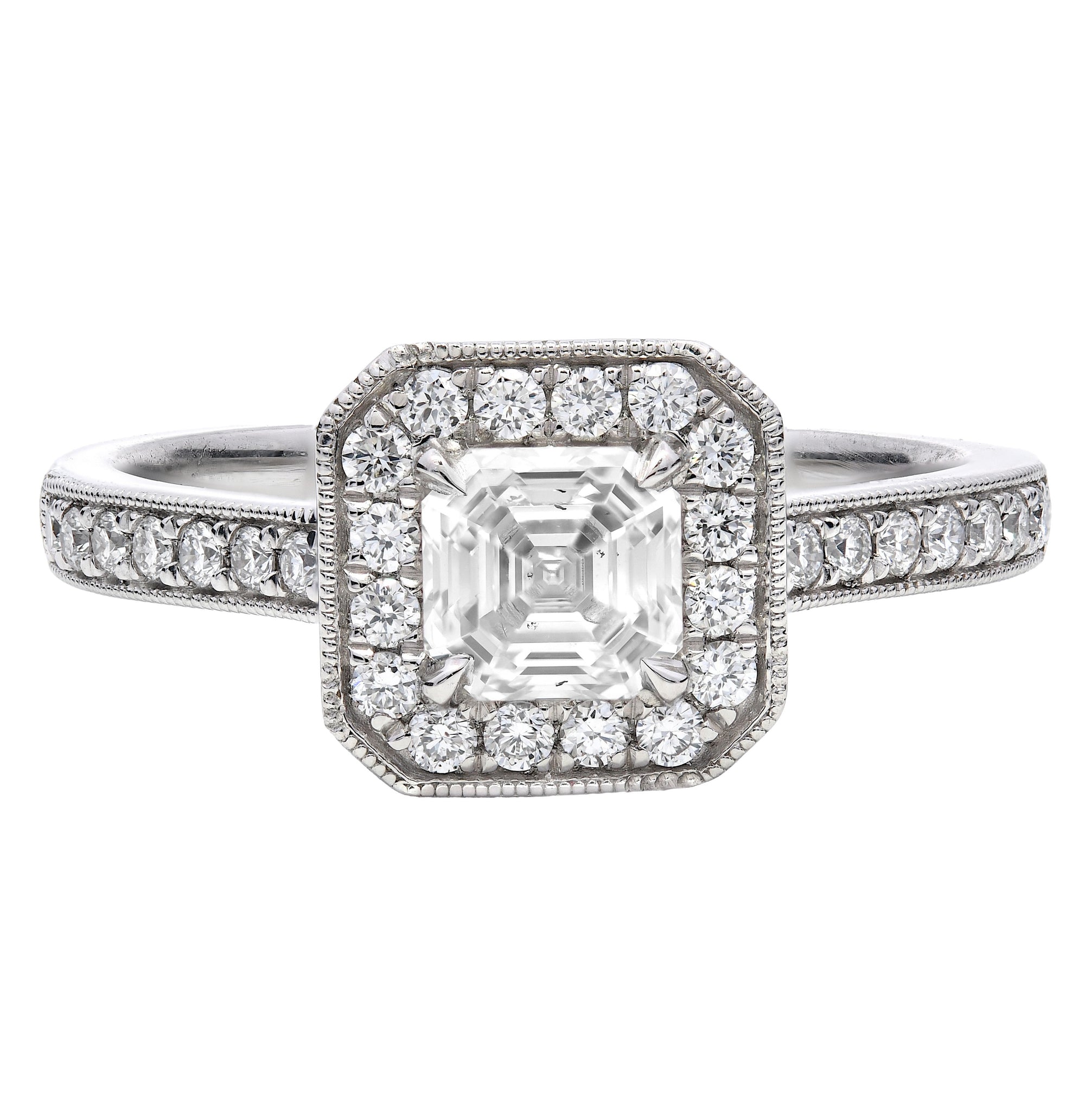 0.81ct asscher cut diamond engagement ring, platinum halo, I colour, SI1 clarity, GIA certified