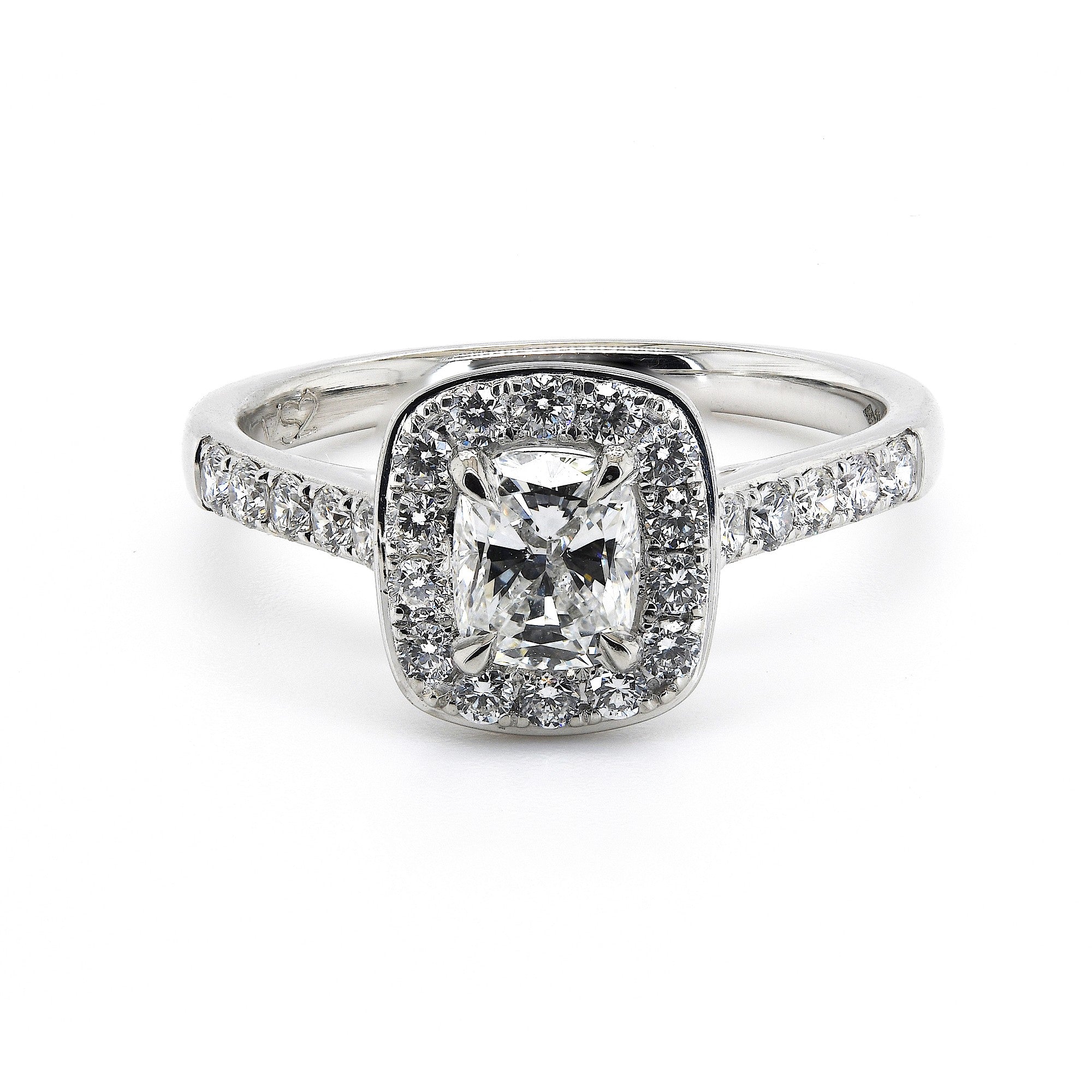 0.99ct cushion cut diamond engagement ring, F colour, VS2 clarity set in a platinum halo, GIA certified