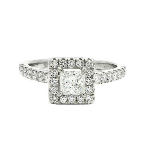 0.96ct natural diamond engagement ring, princess cut, E colour, I1 clarity, GIA certified. Platinum
