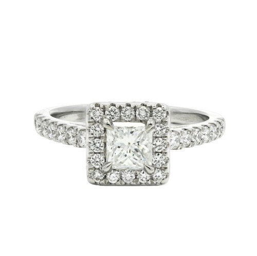 0.96ct princess cut diamond engagement ring, E, I1 set in a platinum halo, GIA certified