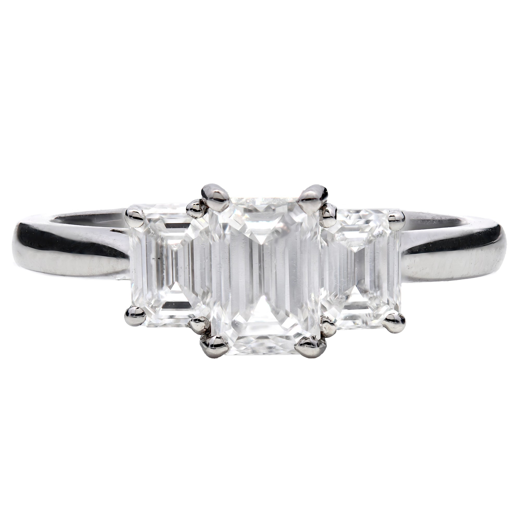 1.31ct natural diamond trilogy engagement ring, emerald cut, D-E colour, VS clarity, GIA certified. Platinum