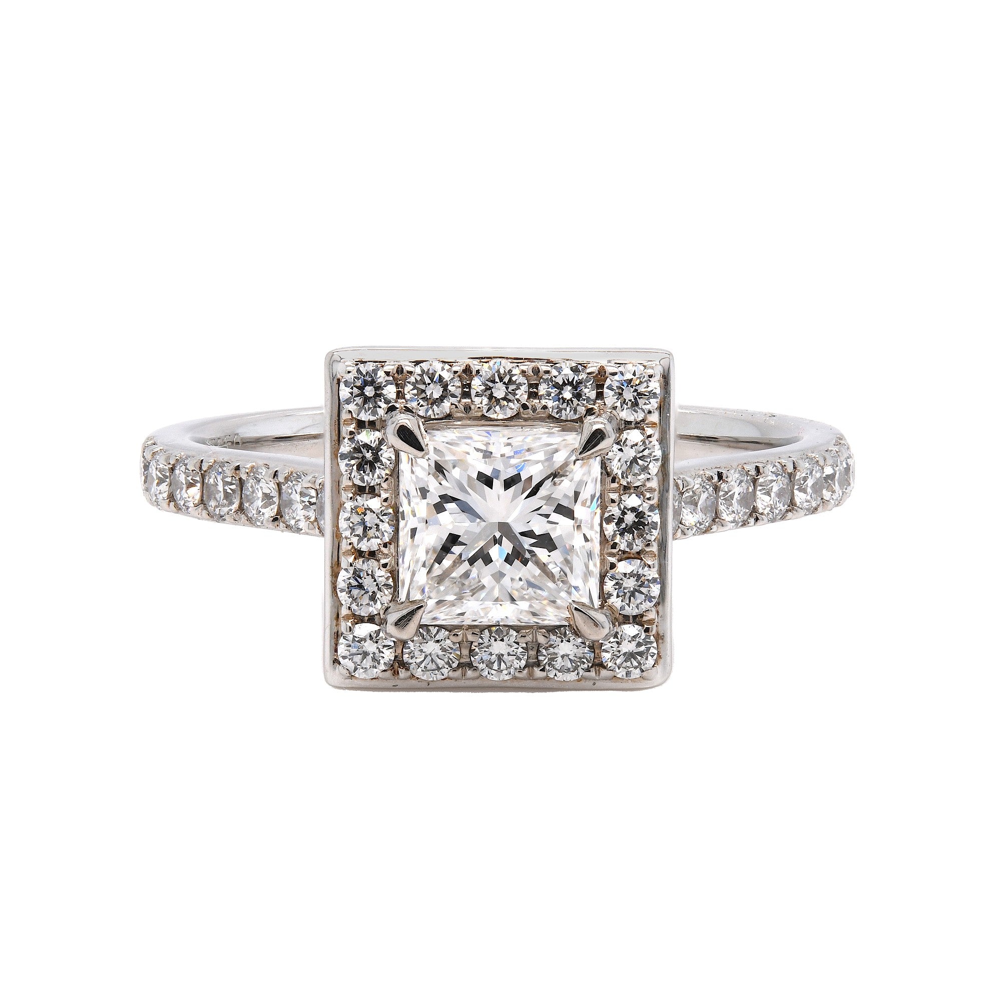 1.14ct princess cut diamond engagement ring set in a platinum halo, D, SI1, GIA certified