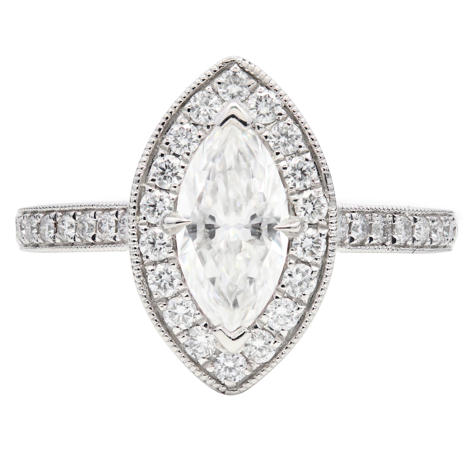 1.07ct natural diamond engagement ring, marquise cut, F colour, SI1 clarity, GIA certified. Platinum.