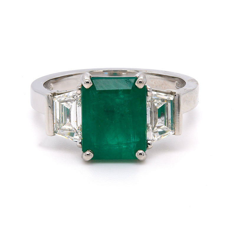 3.03ct emerald & diamond ring, emerald cut with trapezoid diamonds, platinum, WGI certified