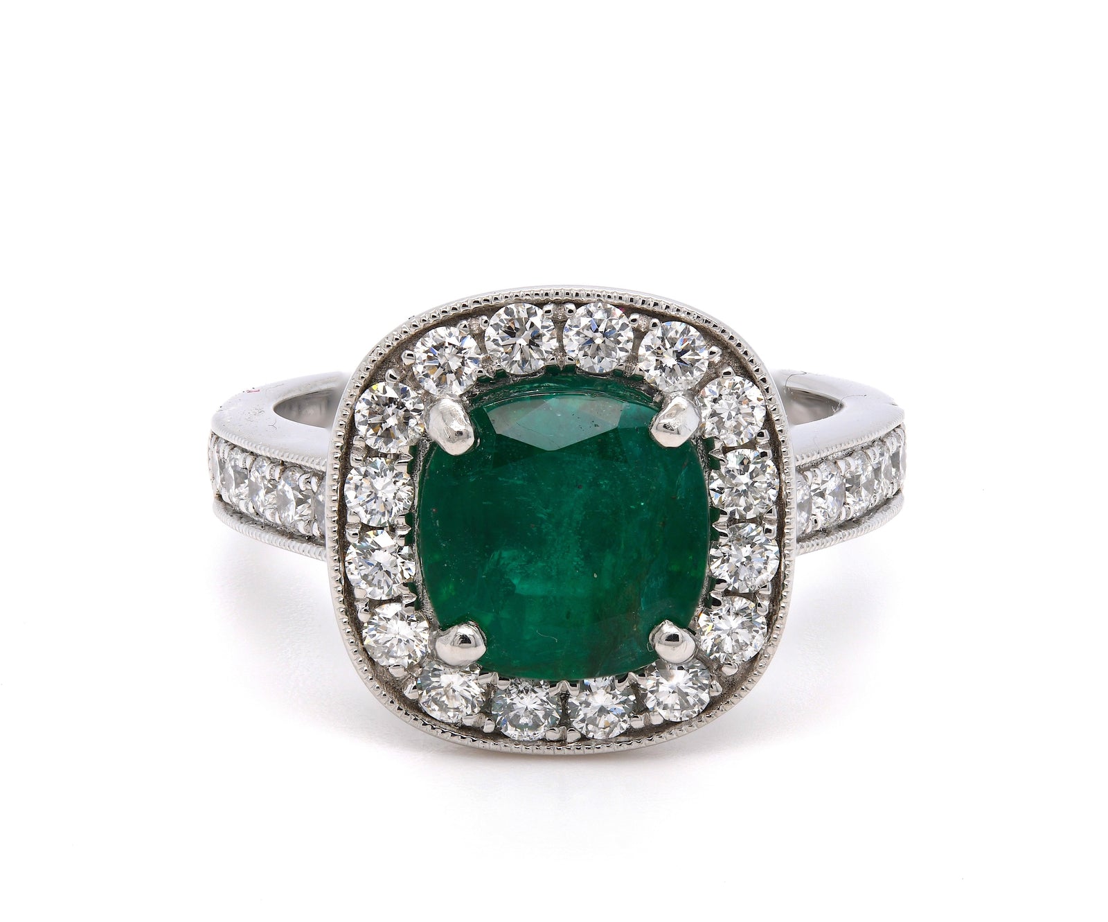 SOLD - 2.46ct emerald & diamond engagement ring set in a platinum halo