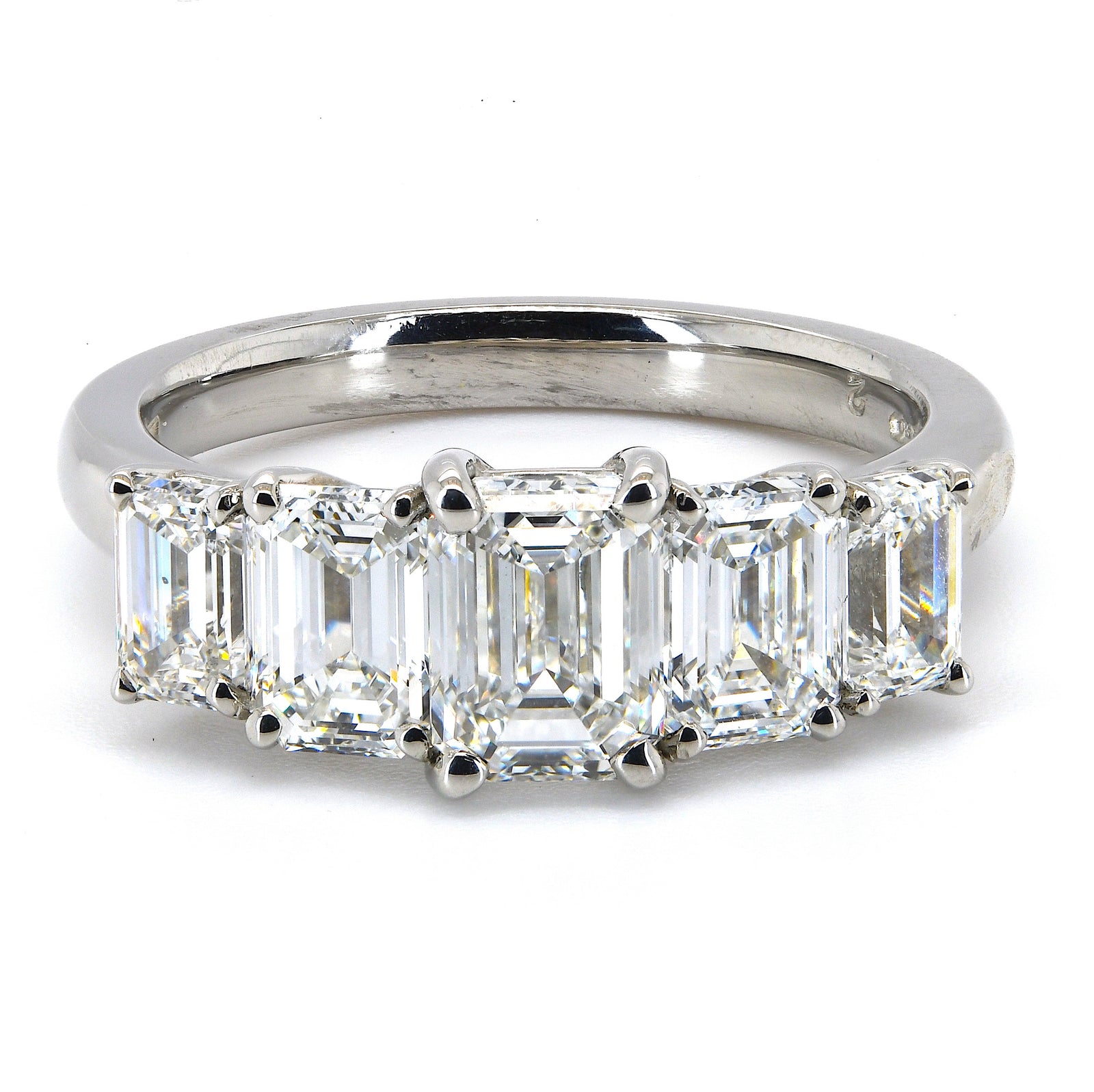 2.51ct natural diamond 5 stone ring, emerald cut, F colour, VS1-2 clarity, platinum. GIA Certified