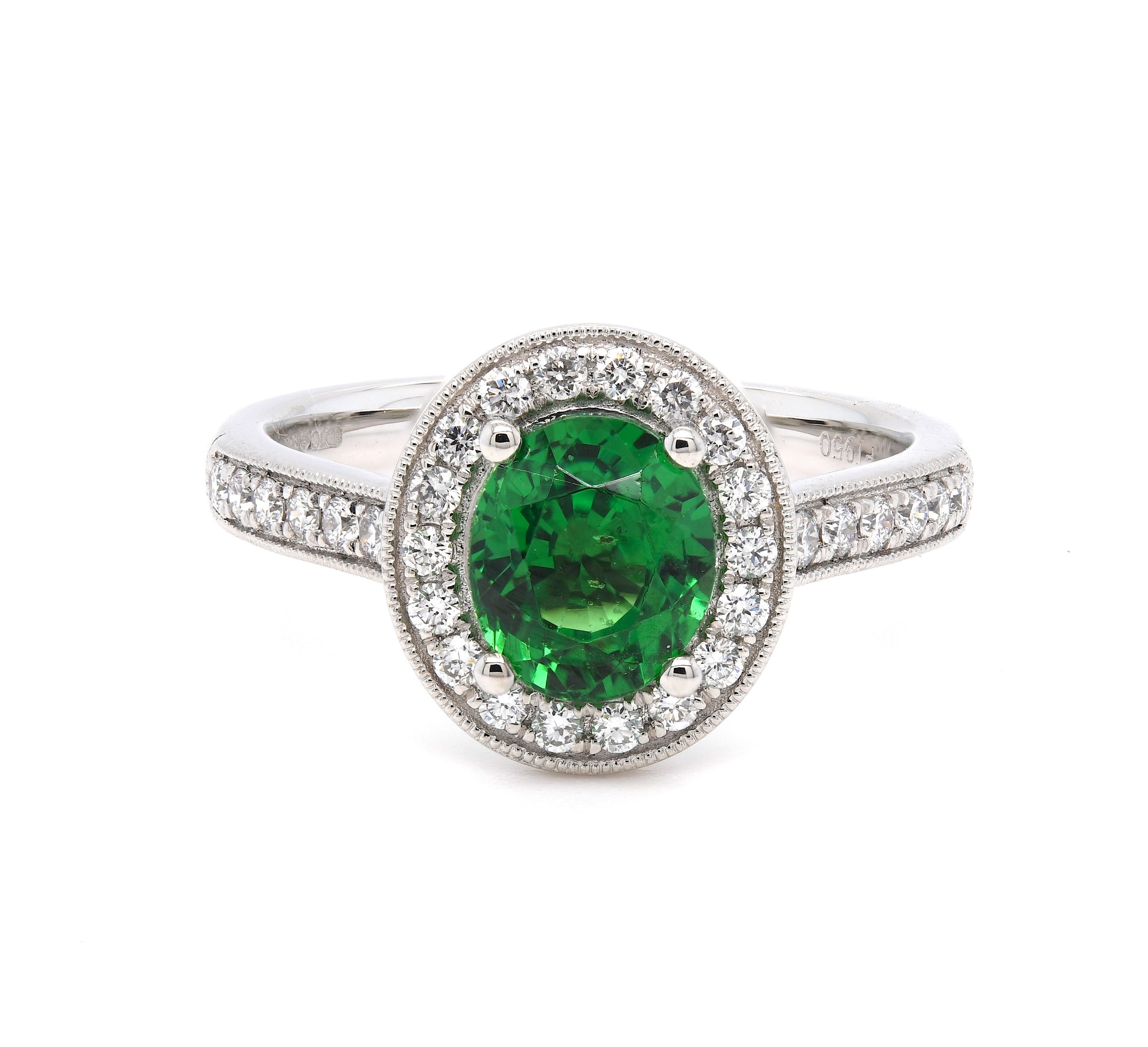 1.84ct oval cut tsavorite & diamond engagement ring set in a platinum halo