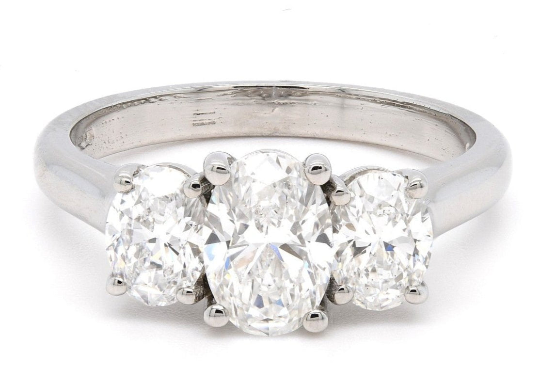 1.60ct natural diamond trilogy engagement ring, oval cut, D-E colour, VS2 clarity, GIA certified. Platinum