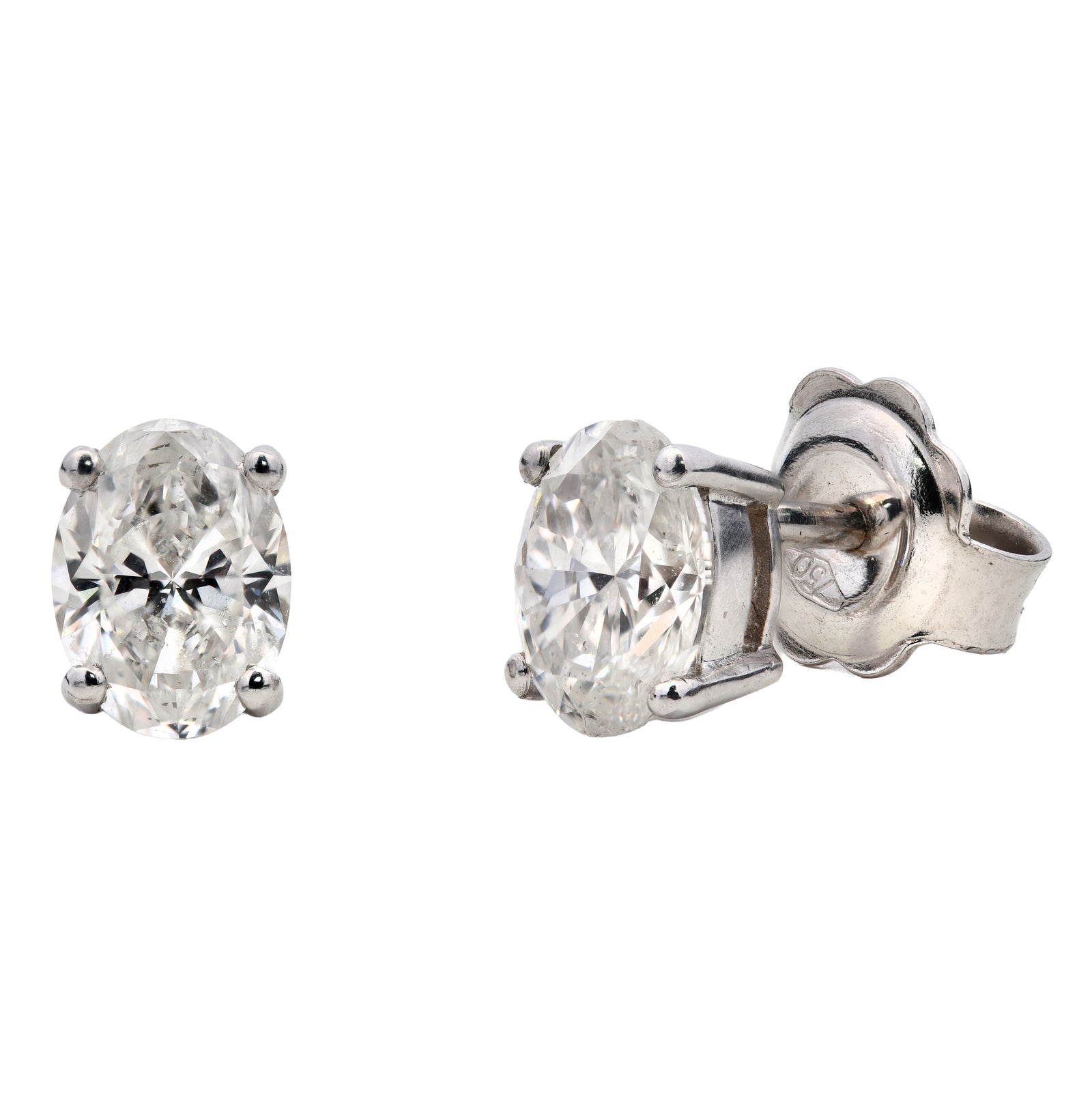 1.00ct natural diamond stud earrings, oval cut, G colour, SI1 clarity, GIA certified. 18ct White Gold