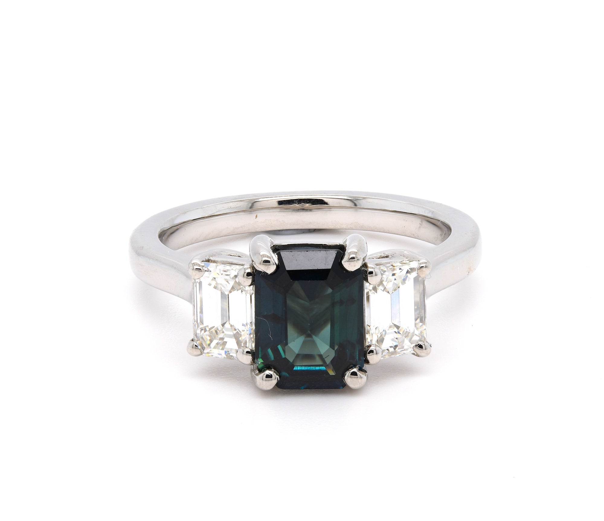 2.27ct teal sapphire & diamond engagement trilogy ring set in platinum