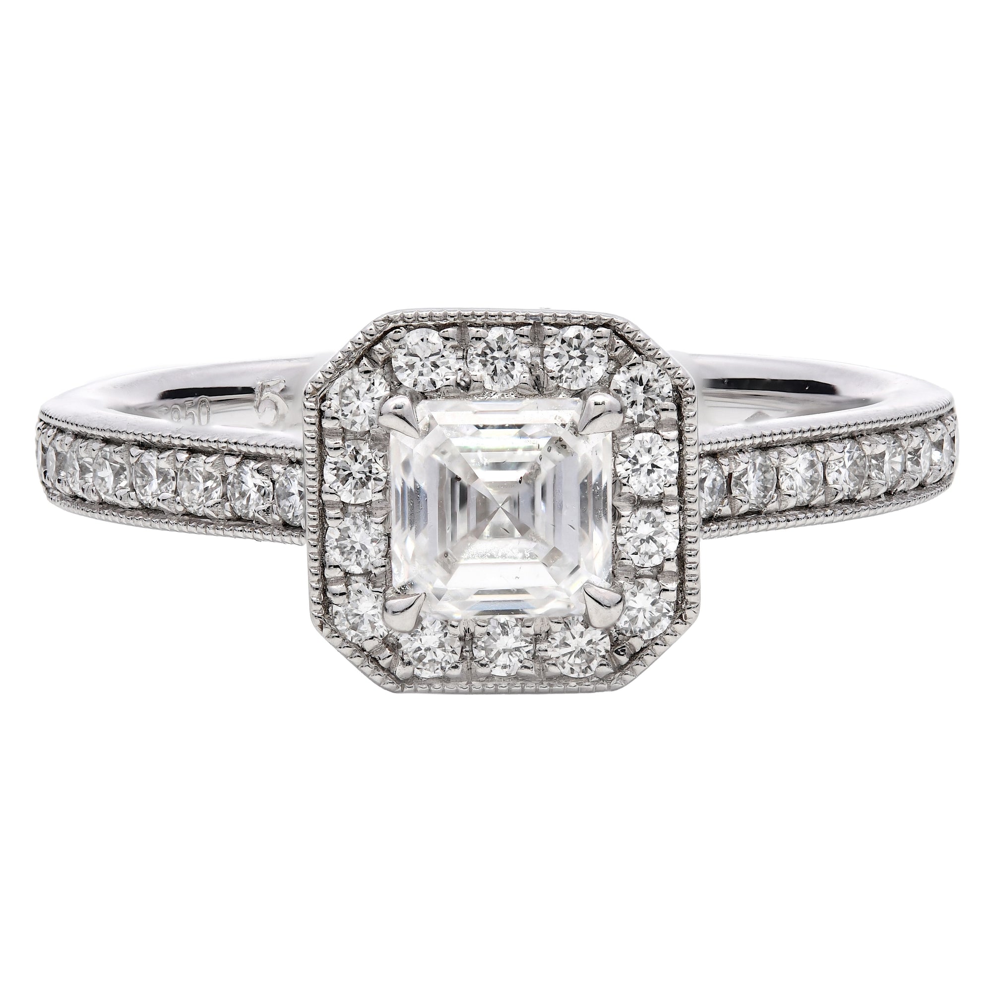 0.75ct natural diamond engagement ring, asscher cut, F colour, SI2 clarity, GIA certified. Platinum