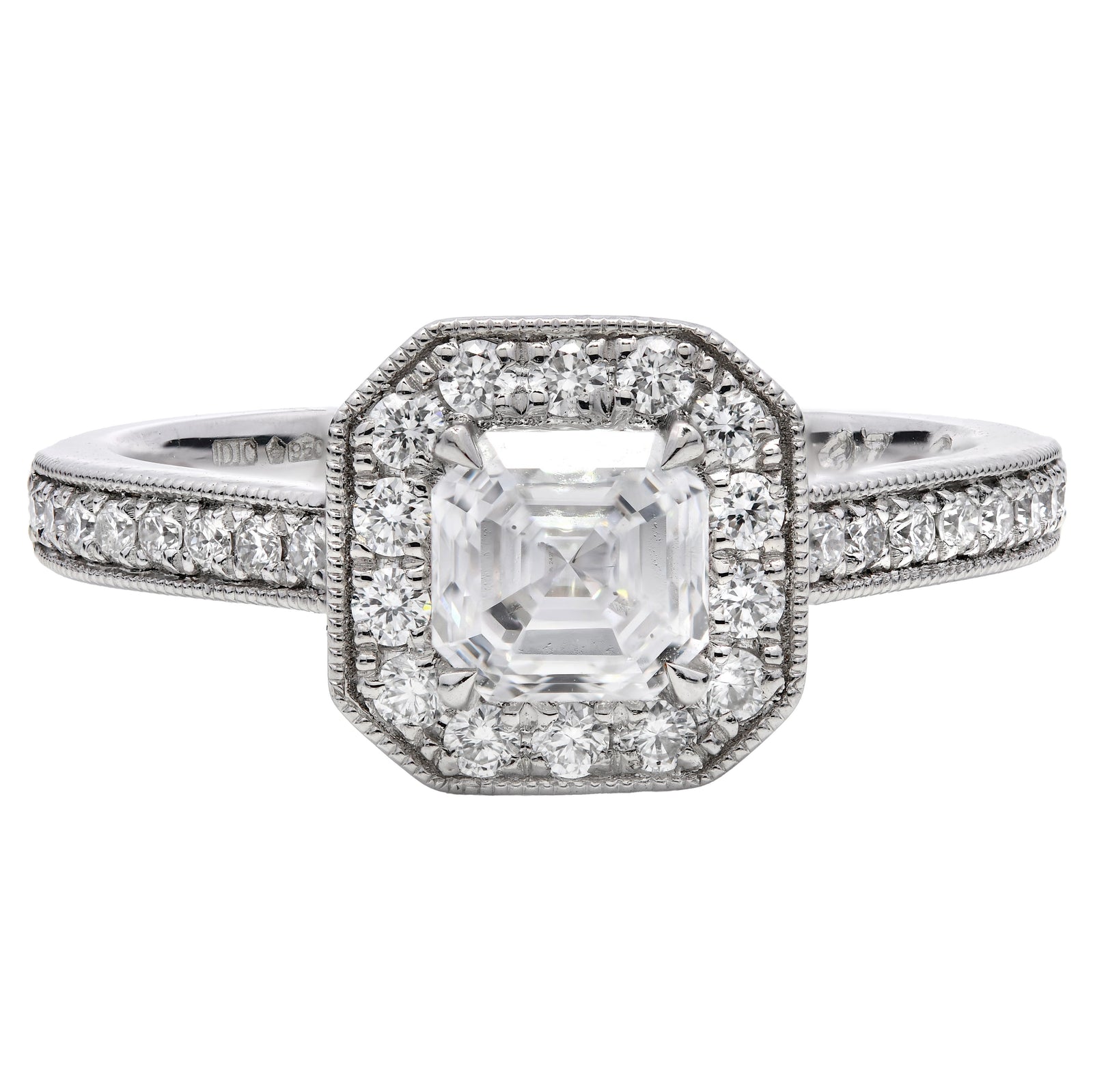 0.96ct natural diamond engagement ring, asscher cut, D colour, VS1 clarity, GIA certified. Platinum