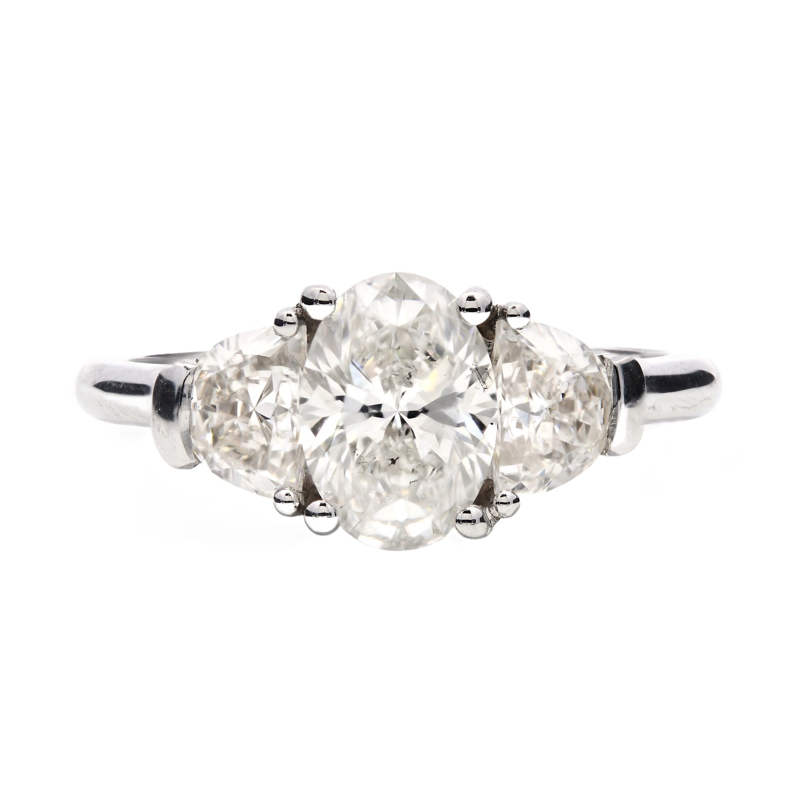 1.63ct natural diamond trilogy engagement ring, oval cut, I colour, SI1 clarity, GIA certified. Platinum