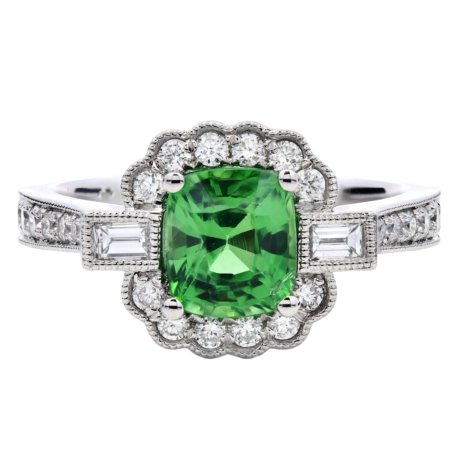 SOLD - 1.75ct cushion cut tsavorite & diamond engagement ring set in a platinum halo