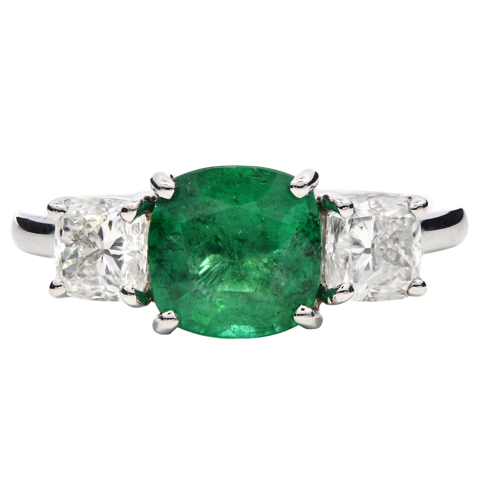 2.25ct emerald & diamond trilogy engagement ring, GIA certified. Platinum.