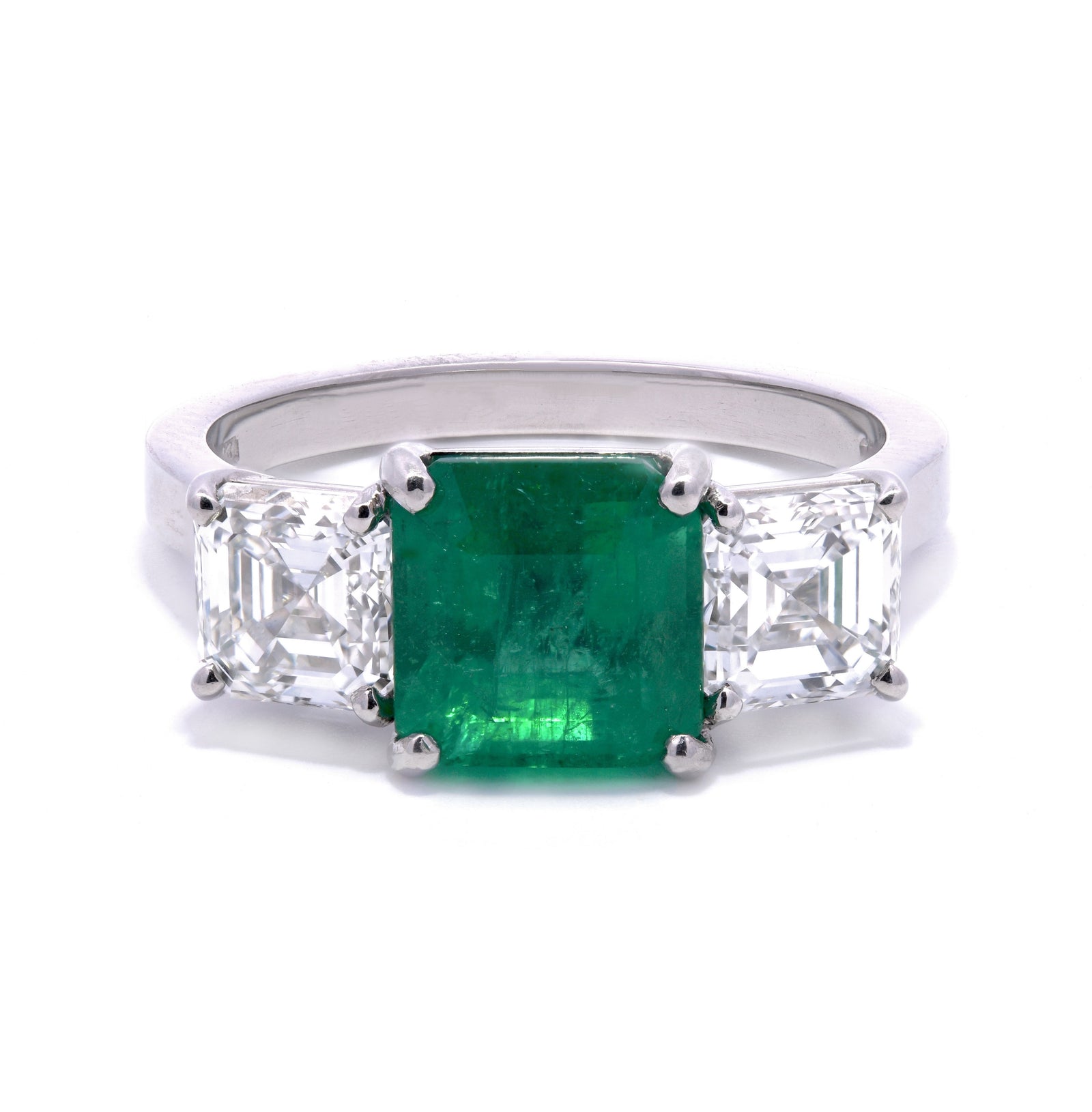 3.37ct emerald & diamond trilogy engagement ring set in platinum, GIA certified