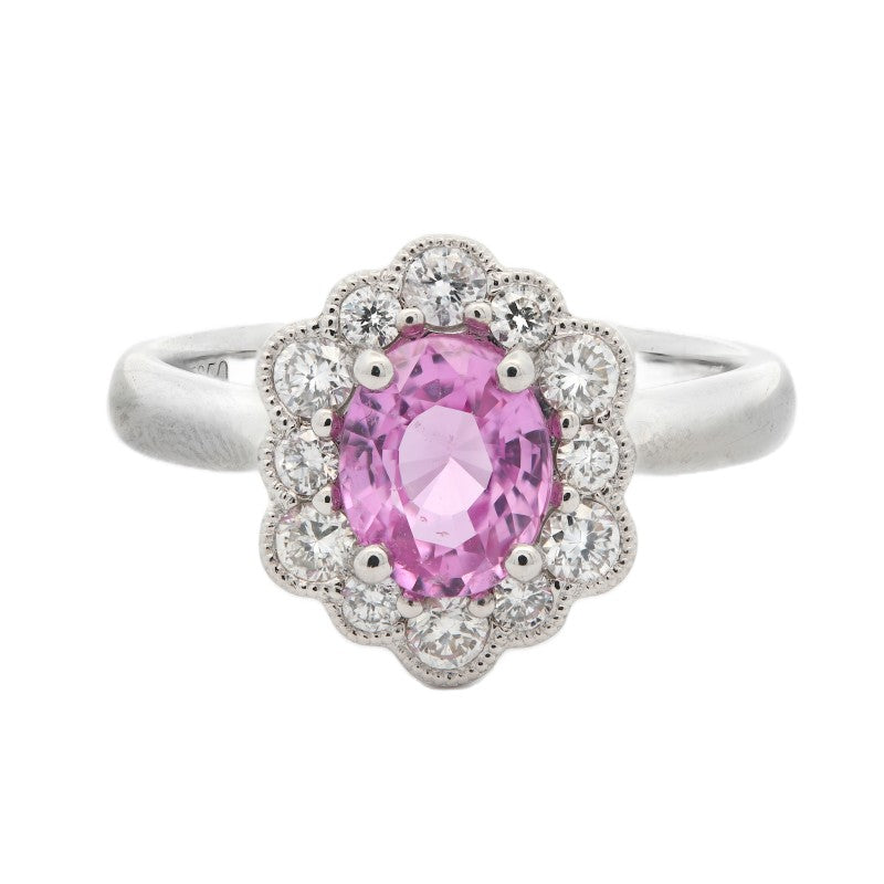 1.54ct pink sapphire & diamond engagement ring set in a platinum halo