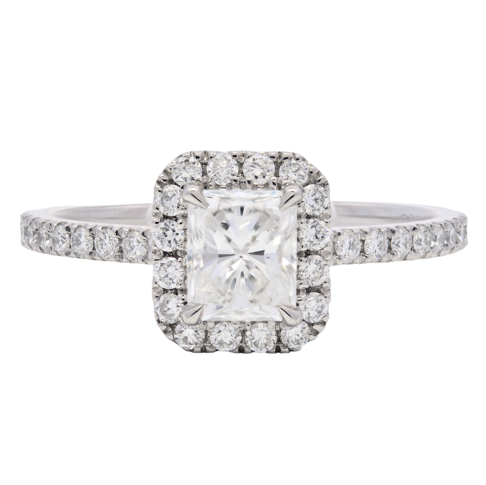 0.82ct natural diamond engagement ring, radiant cut, E colour, SI1 clarity set in a platinum halo, GIA certified.