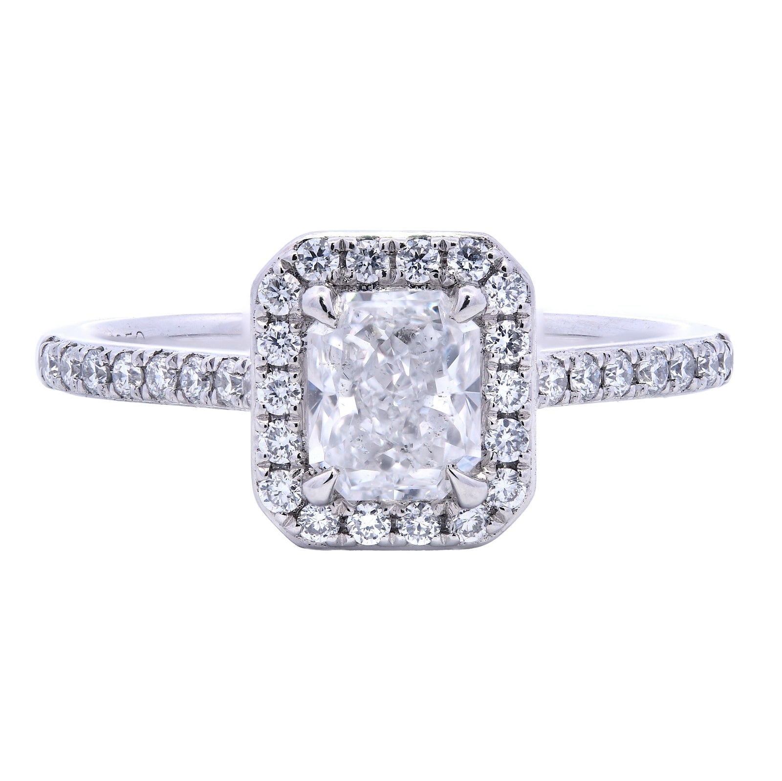 0.99ct natural diamond engagement ring, radiant cut, E colour, SI2 clarity, GIA certified. Platinum