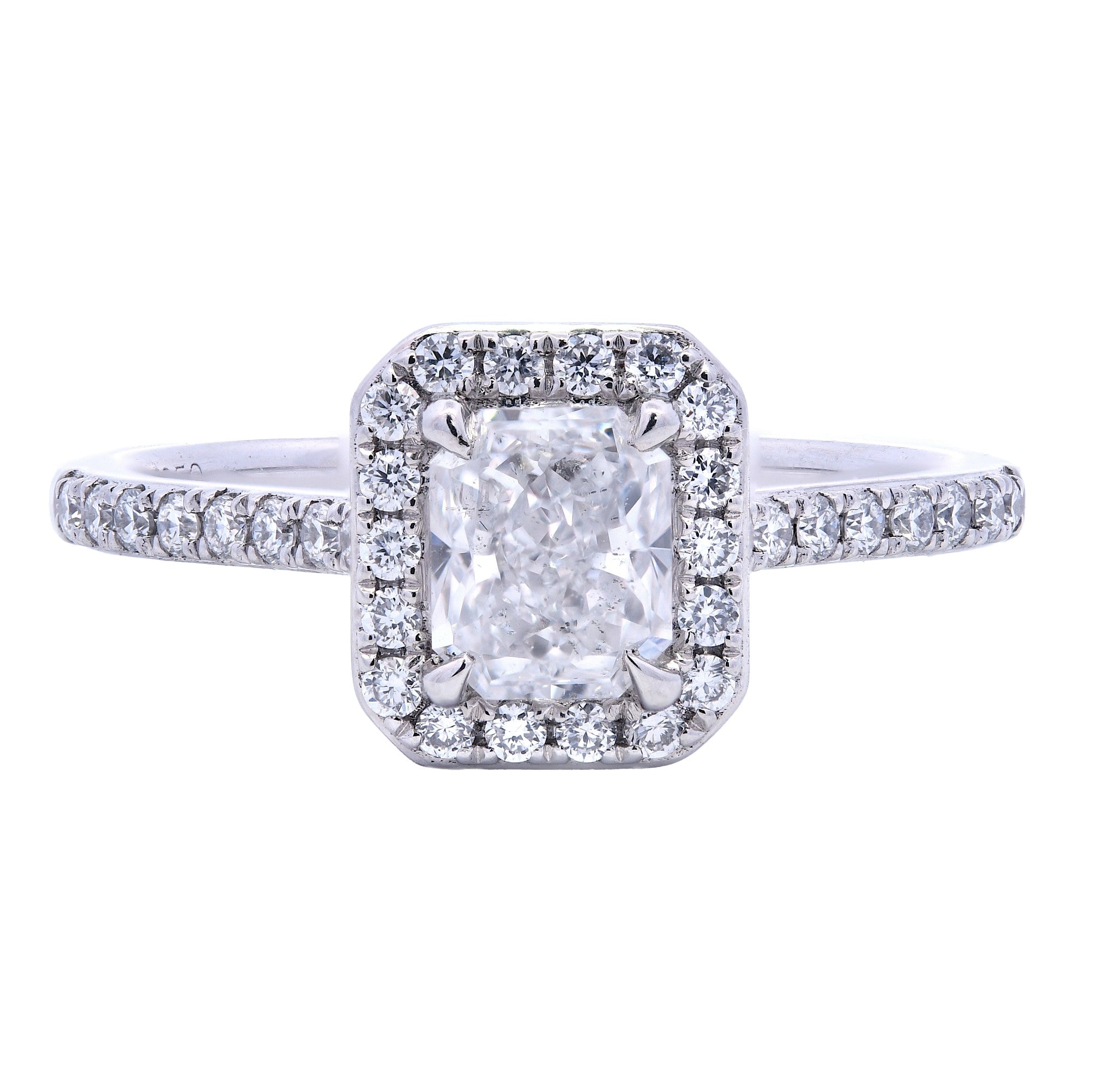 0.99ct radiant cut diamond engagement ring set in a platinum halo, E colour, SI2 clarity, GIA certified