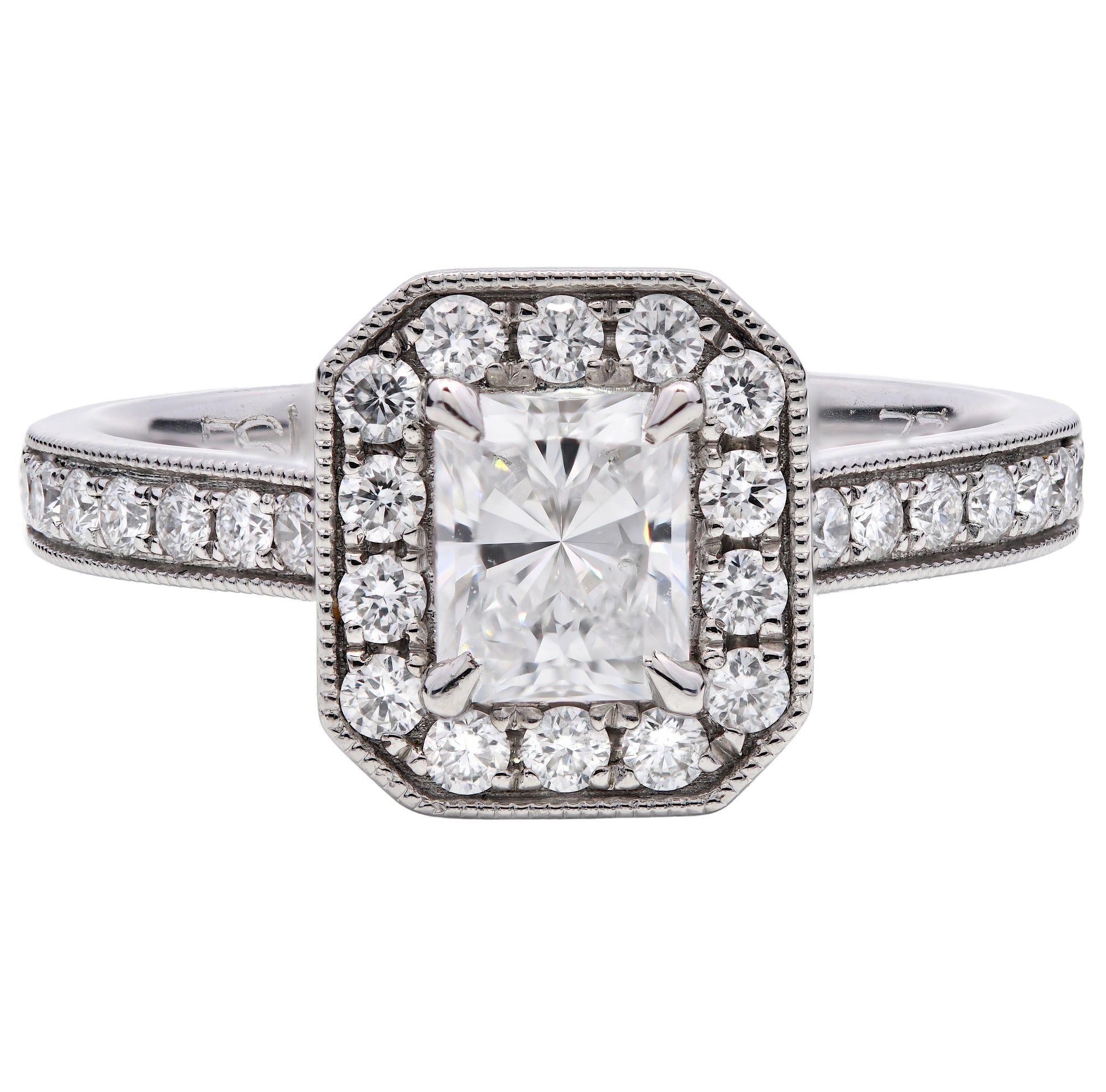 0.88ct natural diamond engagement ring, radiant cut, D colour, SI1 clarity, GIA certified. Platinum